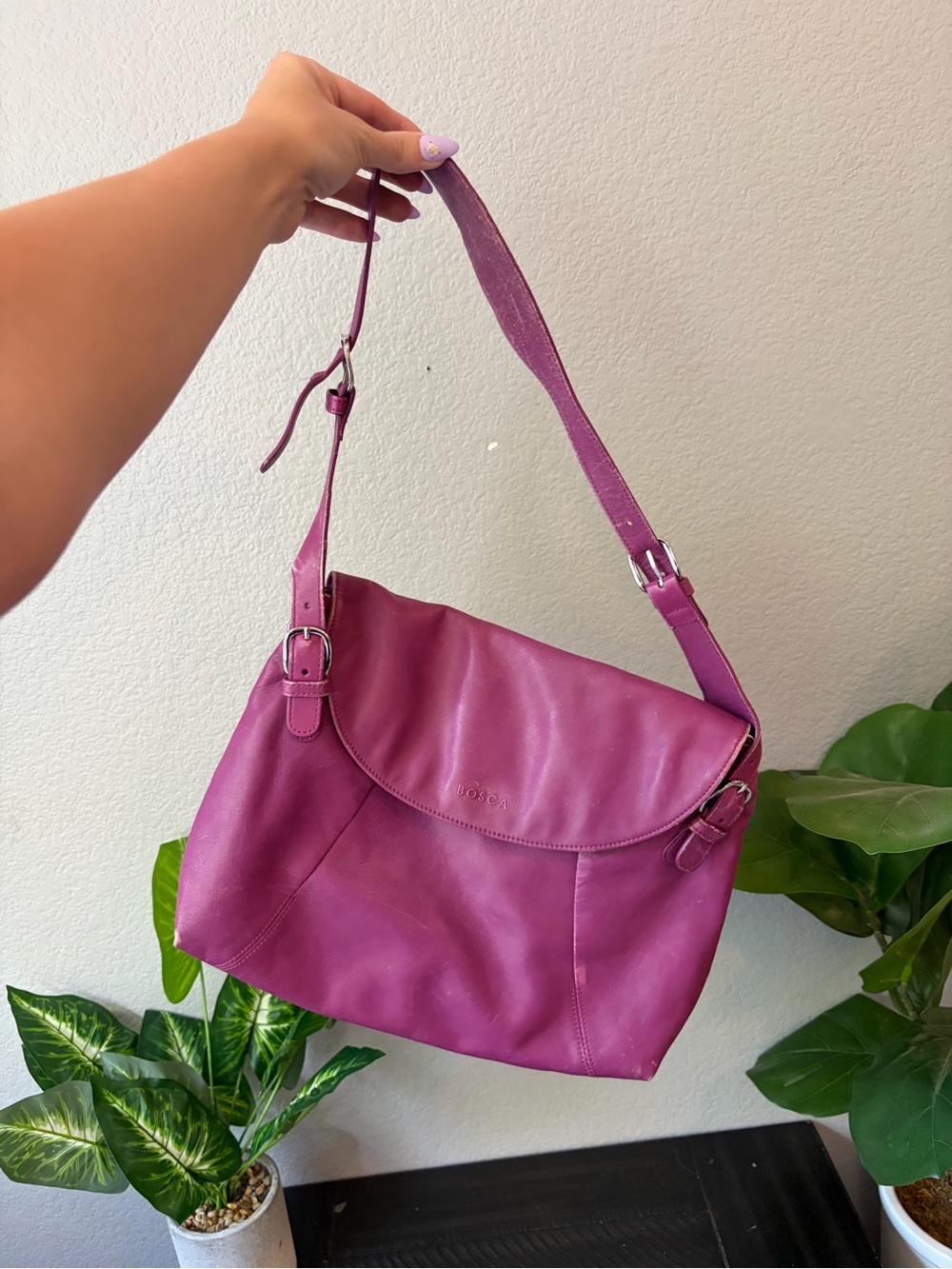 Vintage Rare Bosca Nappa Vitello Purple Leather Slouchy Crossbody Shoulder Bag